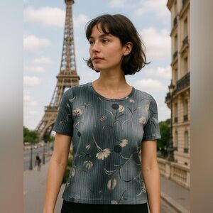 French Vintage Gionno Parisian Abstract Floral Tee  Stretch Knit Fits  Size XS/S